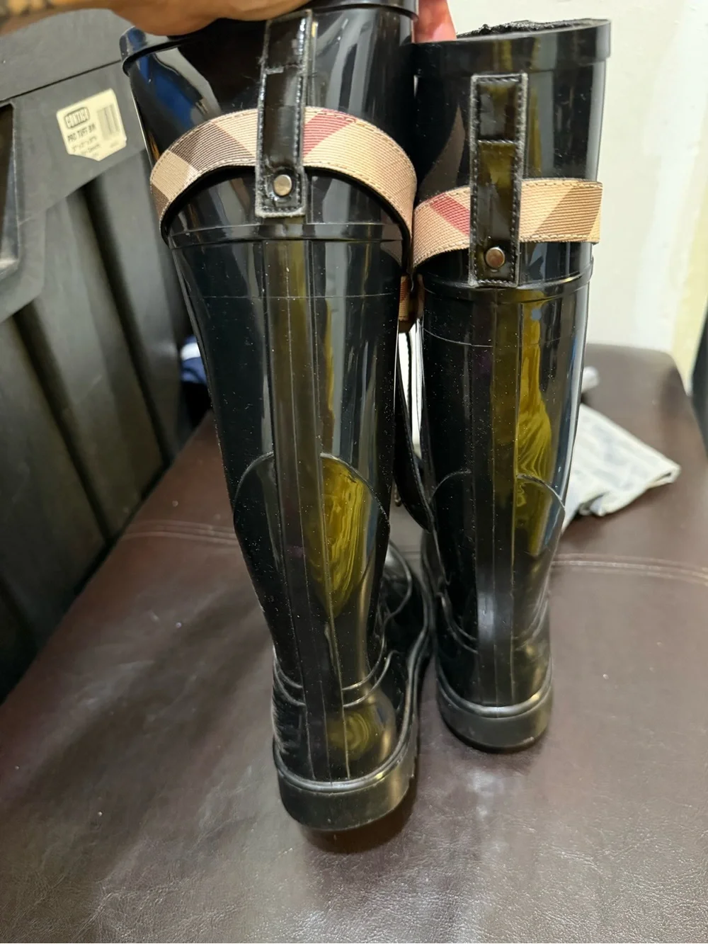 Authentic Burberry Black Rain Boots with Plaid Strap